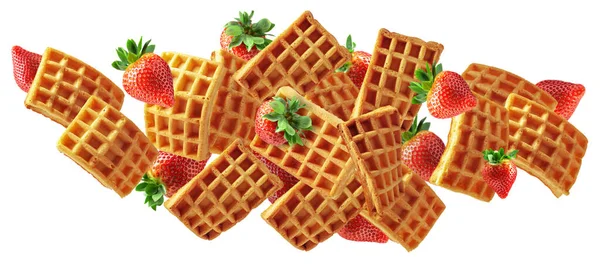 Belgian Waffles Fresh Strawberries Motion Isolated White Background — Stock Photo, Image