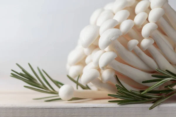 Bunch Shimeji Mushrooms Rosemary White Wooden Table Japanese Cuisine — Stock Photo, Image