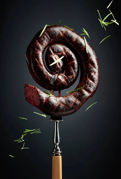 Spanish Black Pudding Blood Sausage Rosemary Black Background — Stock Photo, Image