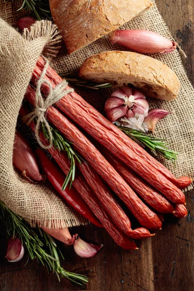 Smocked Sausages Onion Garlic Pepper Rosemary Old Wooden Table Top — Stock Photo, Image