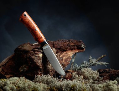 Karanlık bir gökyüzünün arka planında eski bir çıkıntı ve yosun olan Hunter 'ın el yapımı bıçağı. Titan ve Elm. Boşluğu kopyala.