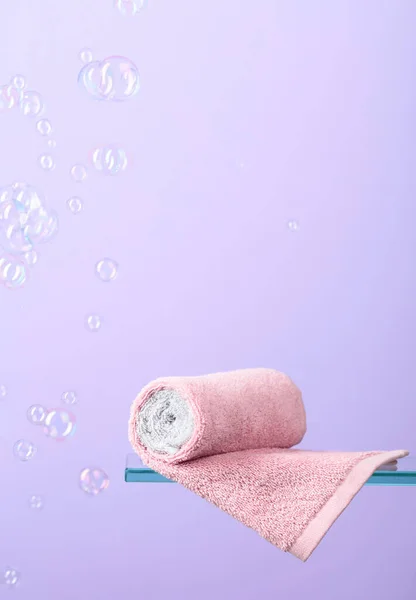 Towel Glass Shelf Violet Background Bubbles Concept Theme Bath Hygiene — Stock Photo, Image
