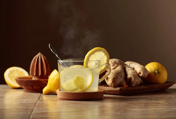 Ginger Tea Lemon Kitchen Table Copy Space — Stock Photo, Image