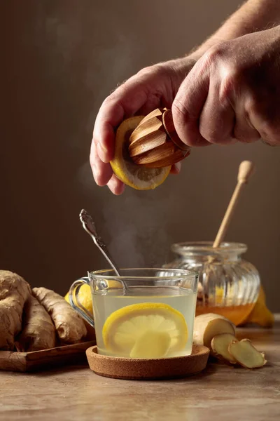 Ginger Tea Lemon Honey Brown Ceramic Table Juice Squeezed Out — Stock Photo, Image