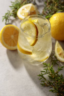 Buzlu, limonlu ve beyaz taş bir masada ardıç dallı kokteyl cin toniği. Soğuk serinletici içecek, sisli bardaktaki doğal buzla birlikte..