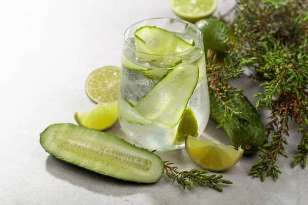 Cocktail Gin Tonic Ice Lime Cucumber Juniper Branches White Stone — Stock Photo, Image