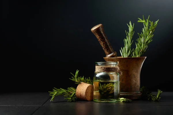 Bottle Rosemary Aromatherapy Oil Extract Fresh Rosemary Branches Old Brass — Stock Photo, Image