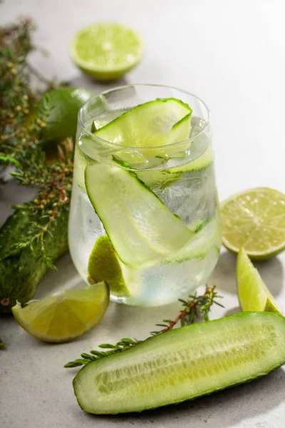 Cocktail Gin Tonic Mit Eis Limetten Gurken Und Wacholderzweigen Auf — Stockfoto