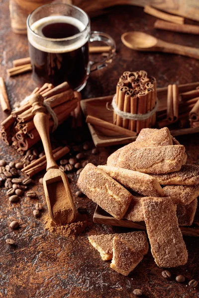Sweet Cinnamon Cookies Mug Black Coffee Brown Vintage Background — Stock Photo, Image