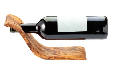 Bottle of red wine in a wooden bottle holder is isolated on a white background. On a bottle empty label.