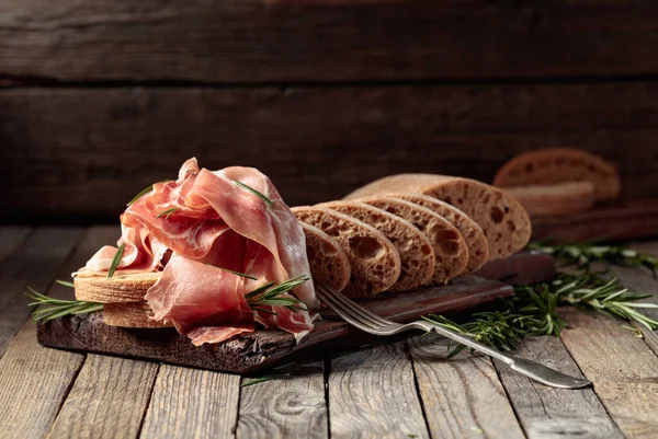 Prosciutto Bread Rosemary Old Wooden Table Copy Space — Zdjęcie stockowe
