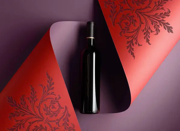 Bouteille Vin Rouge Sur Fond Papier Avec Ornement Floral Copier — Photo