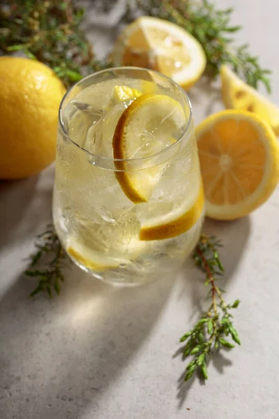 白い石のテーブルの上に氷 レモン ジュニパーの枝を持つカクテルジン強壮剤 冷たいさわやかな飲み物と天然氷をミストグラスに入れて — ストック写真