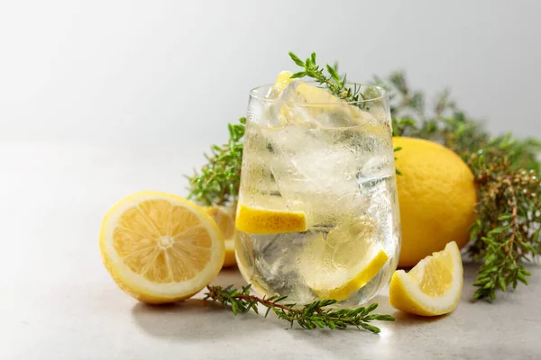 白い石のテーブルの上に氷 レモン ジュニパーの枝を持つカクテルジン強壮剤 冷たいさわやかな飲み物と天然氷をミストグラスに入れて — ストック写真