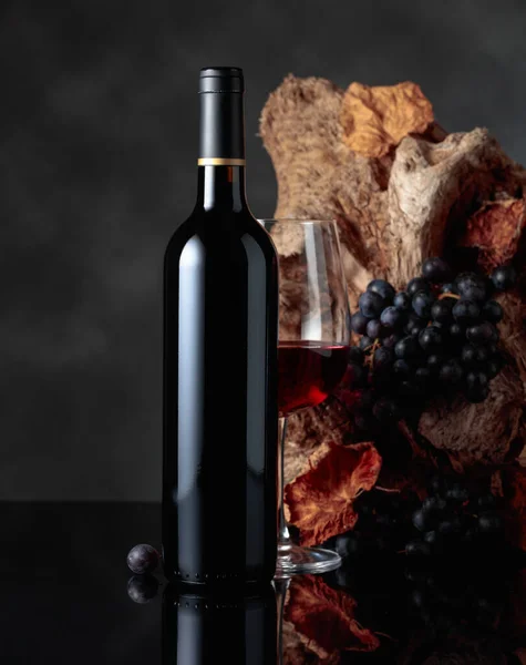Bottle Glass Red Wine Background Old Snag Grapes Dried Vine —  Fotos de Stock