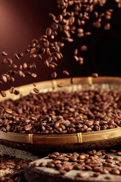 Medium Roasted Coffee Beans Poured Basket Copy Space — Stockfoto