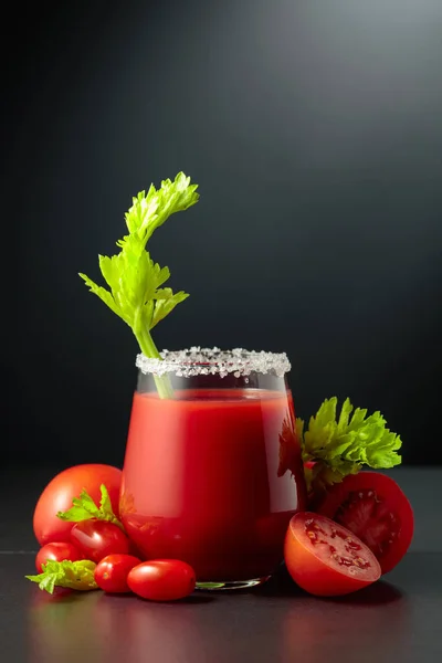 Fresh Tomato Juice Glass Celery Stick Heap Ripe Vegetables Black — Stock Photo, Image