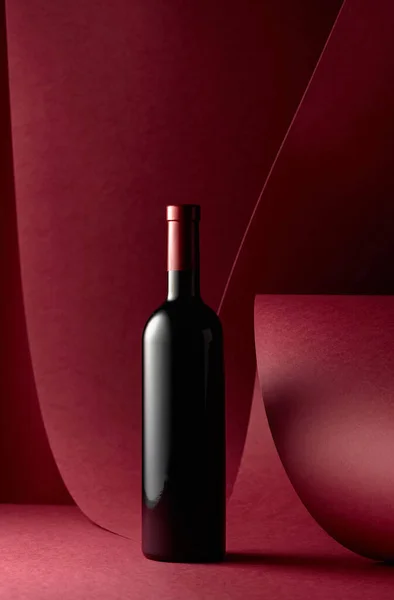 Bottle Red Wine Red Background Copy Space — Stock Photo, Image
