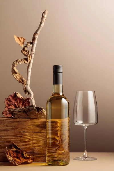 Botella Vino Blanco Con Una Composición Tablón Viejo Enganches Secos —  Fotos de Stock