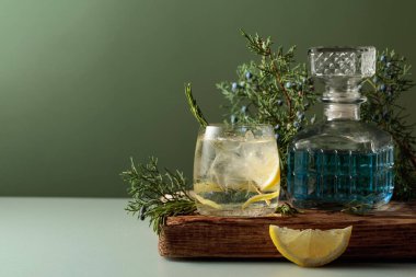 Buzlu, limonlu ve biberiyeli buzlu cin tonik. Ardıç dallarıyla ferahlatıcı bir içecek ve eski bir kalas. Boşluğu kopyala.