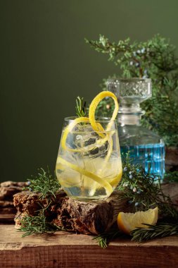 Buzlu, limonlu ve biberiyeli buzlu cin tonik. Eski bir kalasın üzerinde ardıç dalları olan ferahlatıcı bir içecek. Kopyalama alanı olan yeşil arkaplan.