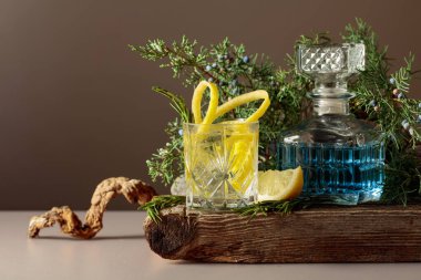 Buzlu, limonlu ve biberiyeli buzlu cin tonik. Ardıç dallarıyla ferahlatıcı bir içecek ve eski bir kalas. Boşluğu kopyala.