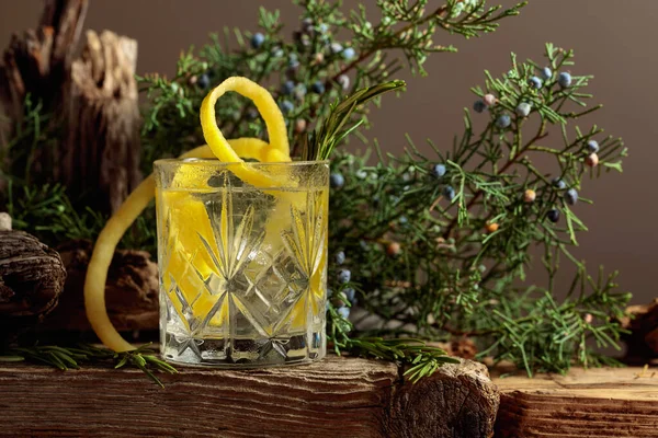 Cocktail Gin Tonic Mit Eis Zitrone Und Rosmarin Kristallglas Ein — Stockfoto