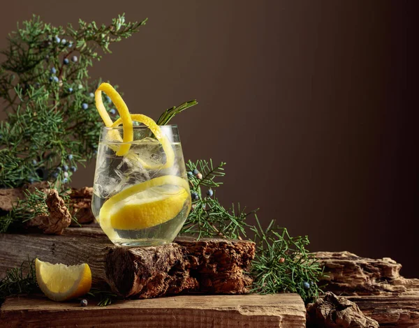 レモン ローズマリーを入れたカクテル トニック 古い板の上にジュニパーの枝やスナックとさわやかな飲み物 スペースのコピー — ストック写真