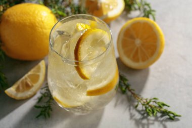 Buzlu, limonlu ve beyaz taş bir masada ardıç dallı kokteyl cin toniği. Soğuk serinletici içecek, sisli bardaktaki doğal buzla birlikte..