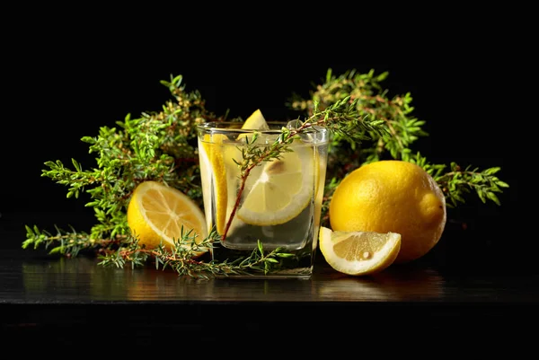 Cocktail Gin Tonic Mit Eis Zitronen Und Wacholderzweigen Auf Einem — Stockfoto