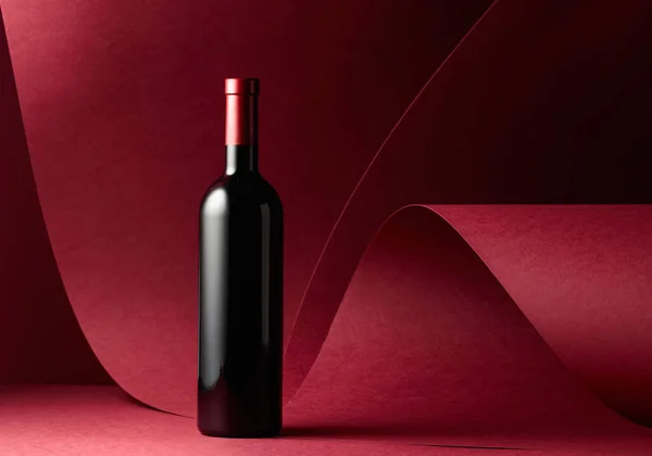 Garrafa Vinho Tinto Sobre Fundo Vermelho Espaço Cópia — Fotografia de Stock