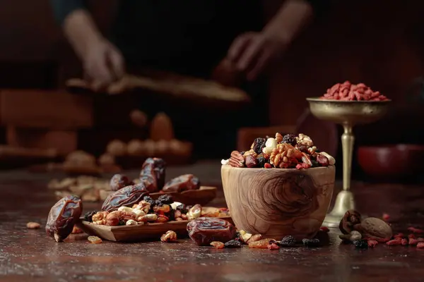 Various Dried Fruits Nuts Wooden Bowl Kitchen Table Selective Focus — Stock Photo, Image