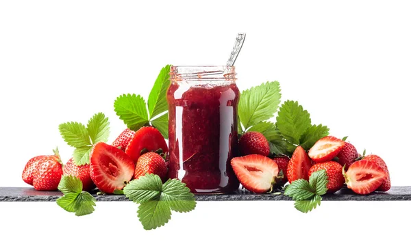 Strawberry Jam Fresh Berries Leaves Isolated White Background — Stock Photo, Image