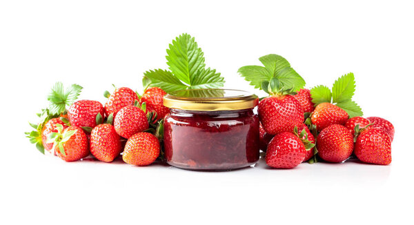 Strawberry jam and fresh berries with leaves isolated on a white background.