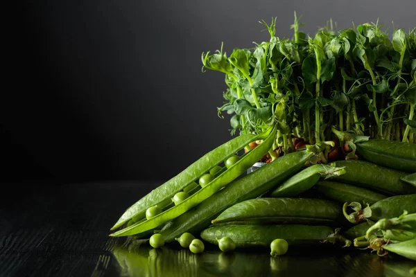 新鮮なエンドウ豆のポッドとマイクログリーンの芽 健康食品の概念 スペースのコピー — ストック写真
