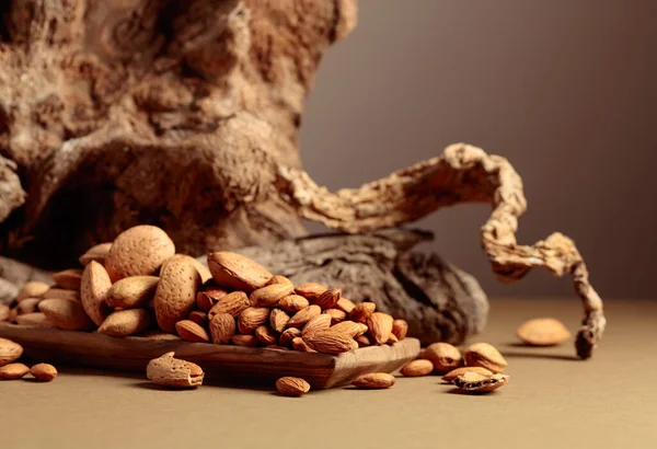 Almond Nuts Wooden Dish Brown Background Still Life Fresh Cropped — Stock Photo, Image