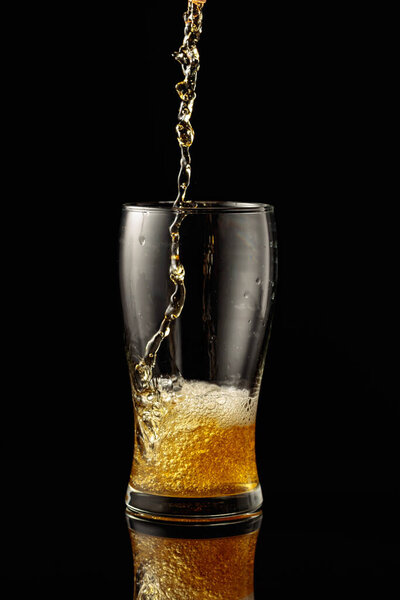 Pouring beer into a glass. Glass of beer on a black reflective background.