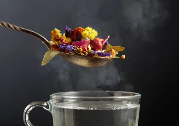 Mix Various Dried Medicinal Plants Herbs Herbal Tea Black Background — Stock Photo, Image