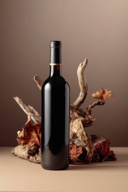 Eski ahşap karışımlı bir şişe kırmızı şarap. Ürün markalaşma, kimlik ve ambalaj için bej arka planda minimal kompozisyon. Boşluğu kopyala.