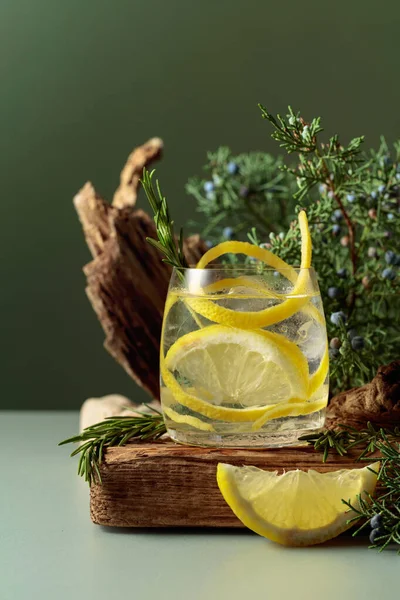 Cocktail Gin Tonic Avec Glace Citron Romarin Dans Verre Congelé — Photo