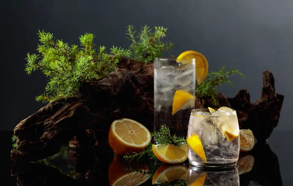 Gin Tonic Cocktail Con Ghiaccio Limone Fondo Nero Riflettente Bevanda — Foto Stock