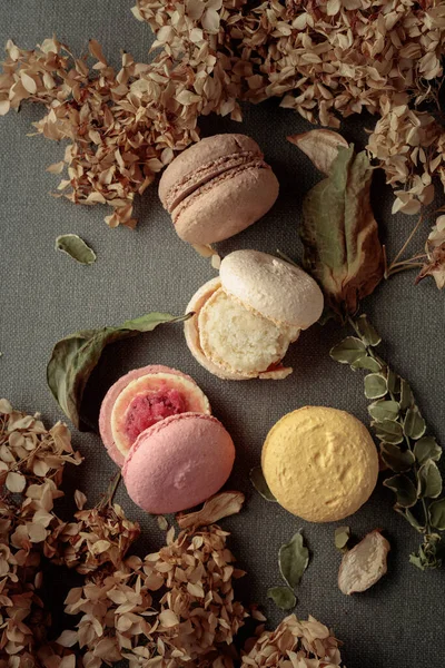 Delicious Sweet Colorful Macaroons Dried Flowers Top View — Stock Photo, Image