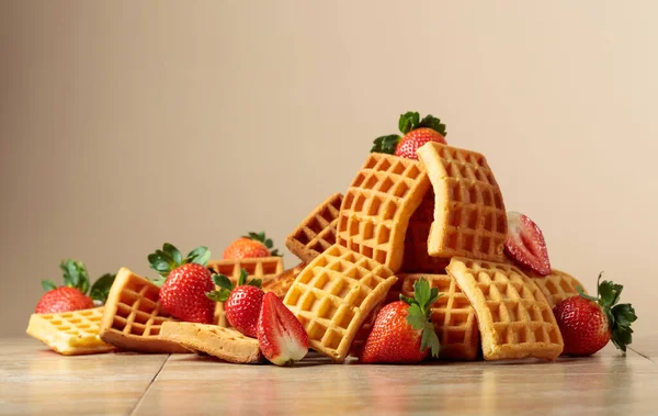 Belgian Waffles Strawberries Beige Ceramic Table — Stock Photo, Image