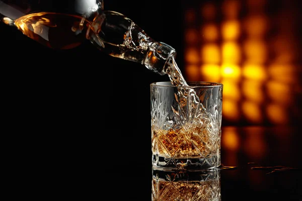 Pouring Whiskey Crystal Glass Black Background Copy Space — Stock Photo, Image