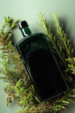 İçinde ardıç ve biberiye dalları olan eski bir şişe. Uzayı kopyala Bitkisel tıp temasının resmi.