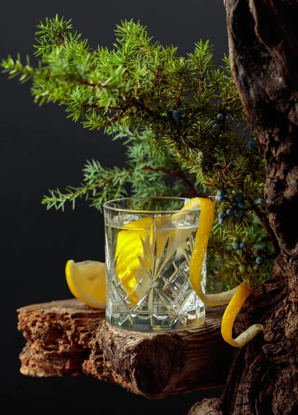 Eski Bir Tahtanın Üzerinde Kristal Bardakta Limonlu Kokteyl Cin Toniği — Stok fotoğraf