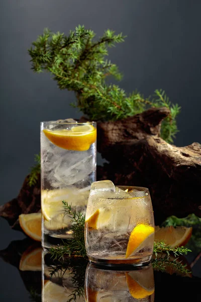 Cocktail Gin Tonic Avec Glace Citron Sur Fond Noir Réfléchissant — Photo