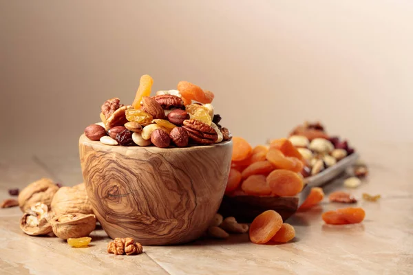 Dried Fruits Nuts Beige Ceramic Table Mix Nuts Apricots Raisins — Stock Photo, Image