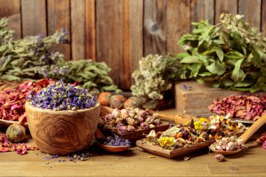Eski ahşap arka planda çeşitli kurutulmuş şifalı bitkiler, bitkiler ve çiçekler. Bitkisel ilaç ya da aromaterapi kavramı.