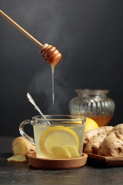 Ginger Tea Lemon Honey Black Background — Stock Photo, Image